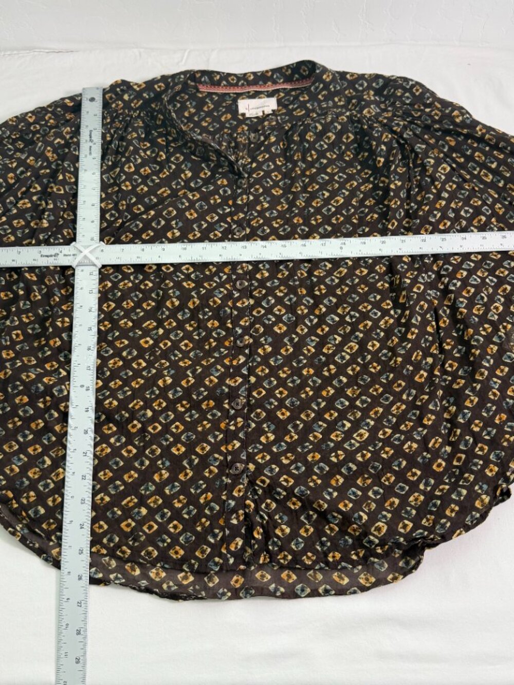 Anthropologie Brown Sheer Blouse Size Large Boho Print Button Front Flowy Top - Picture 7 of 10